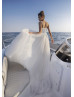 Beaded Ivory Ruched Tulle Glitter Slit Beach Wedding Dress